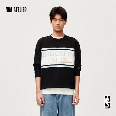 篮网队宽松圆领撞色字母卫衣男