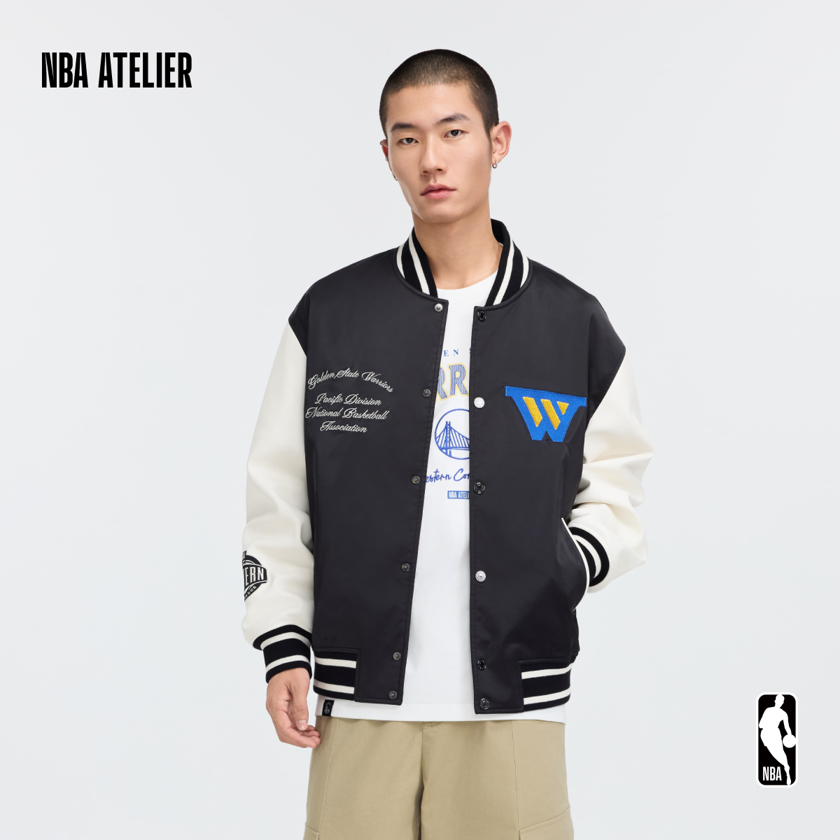 NBA ATELIER勇士队潮流撞色休闲飞行员夹克男女运动休闲外套春季