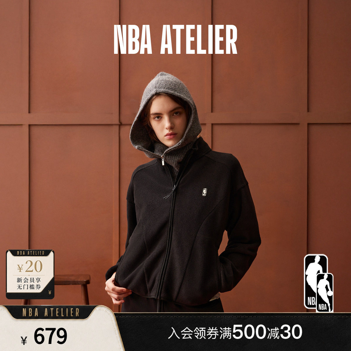 NBA ATELIER女士摇粒绒黑色宽松夹克抓绒外套女款休闲百搭上衣