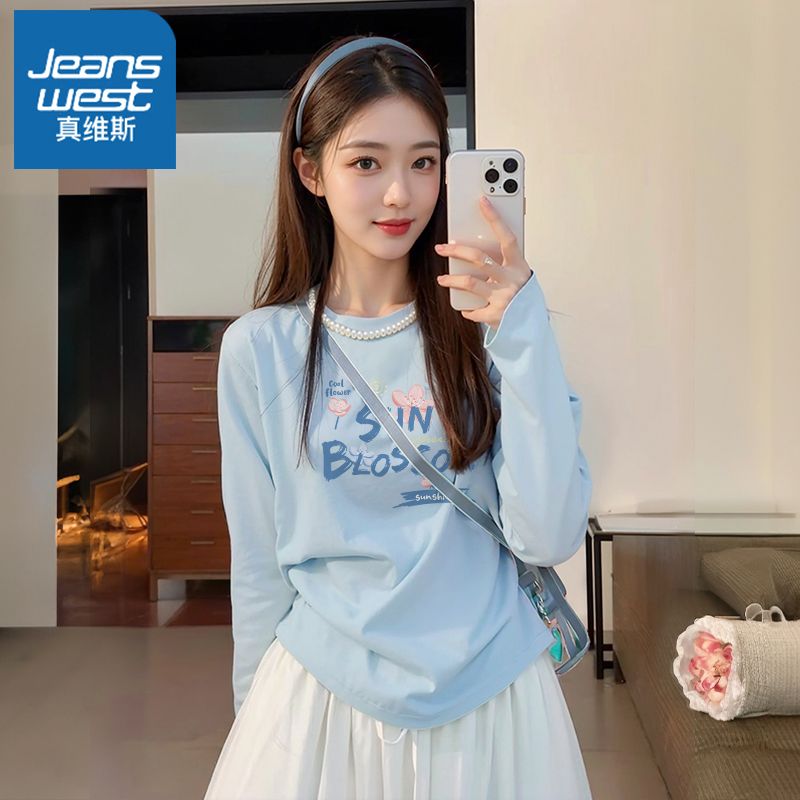 回力长袖t恤女2026新款秋季学生打底衫大码女装纯棉宽松蓝色上衣J