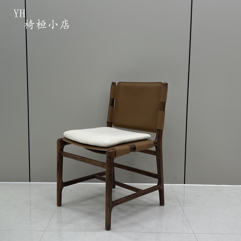 Yh 实木设计师餐椅马鞍皮编皮吧台家用复古艺术靠背椅子北欧卧室