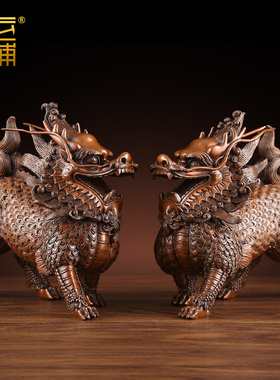 紫铜麒麟摆件一对装饰品新中式家居玄关铜工艺品公司乔迁开业礼品