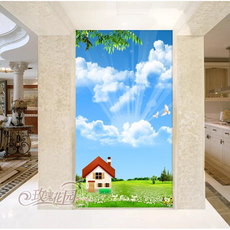 蓝天白云墙纸贴自粘壁画客厅护眼卧室玄关玻璃贴纸衣柜门翻新贴画