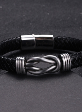亚马逊爆款男士复古不锈钢手镯欧美爆款钛钢八字手链真皮手镯