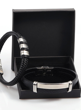 皮质爆款不锈钢按压扣手镯男士新款复古风首饰欧美皮革手镯