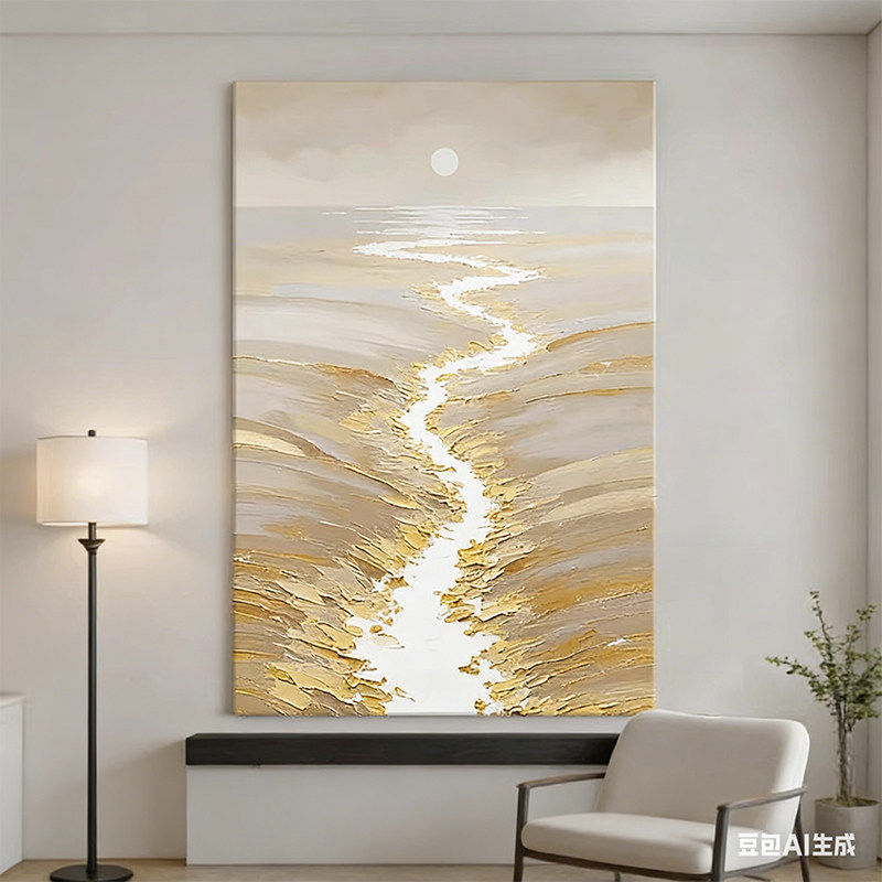 现代轻奢流水生财客厅装饰画抽象艺术玄关挂画寓意好复古餐厅壁画