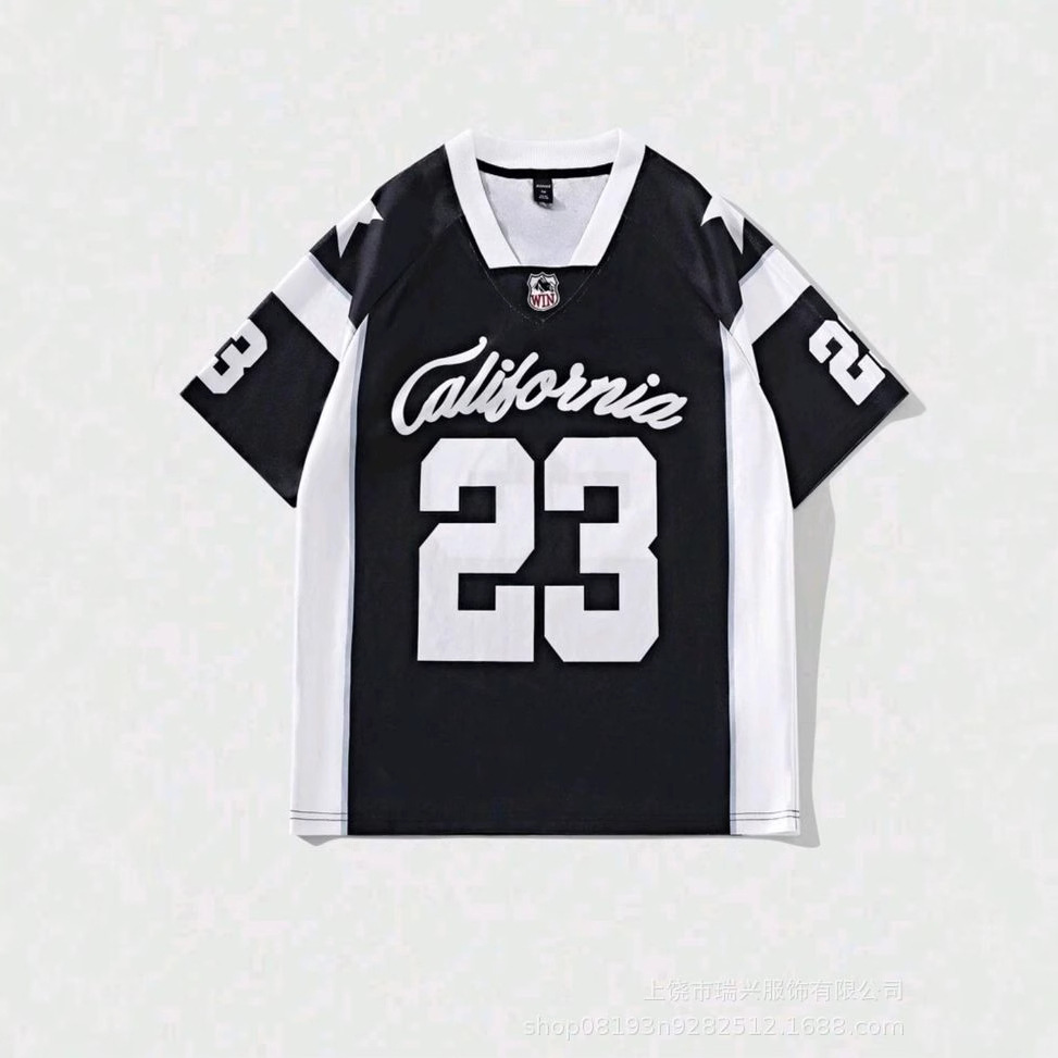 美式潮牌字母数字印花网眼撞色休闲V领短袖球衣男高街宽松运动t恤