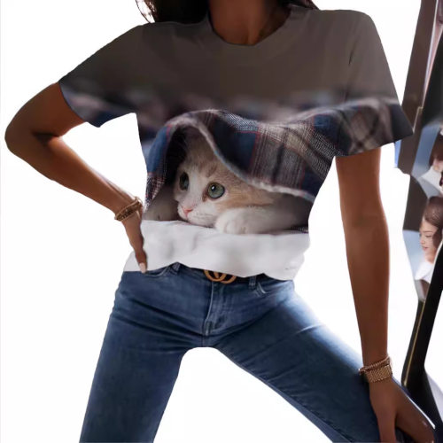 2024春夏新款女装T恤可爱猫3D印