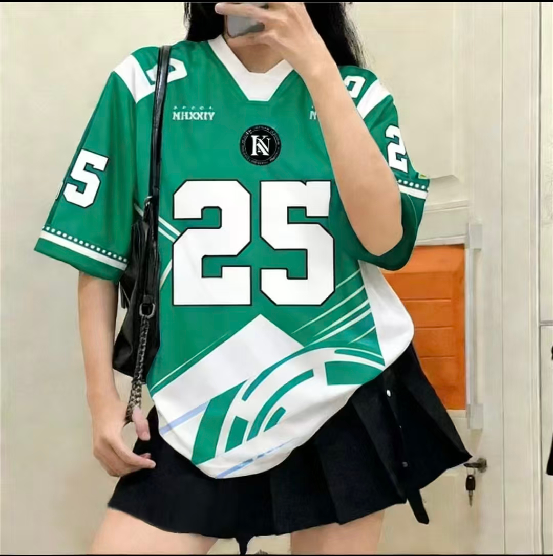 复古撞色数字印花V领短袖T恤女