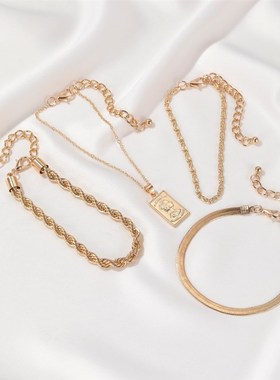 极速跨境热卖时尚四件套手錬 麻花链G人像吊坠手錬女式四件套组合