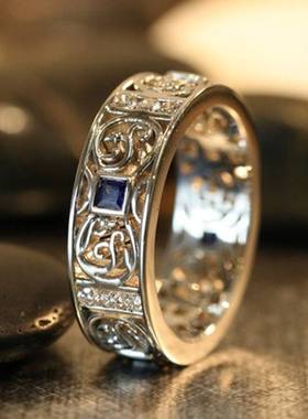 极速-Cao Shisi new mens ring retro pattern inlaid blue zir