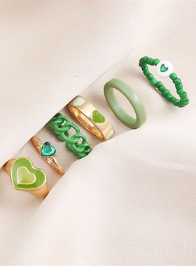 极速Ring 6-Piece set rings镶嵌水K钻桃心戒指 太极爱心滴油戒指