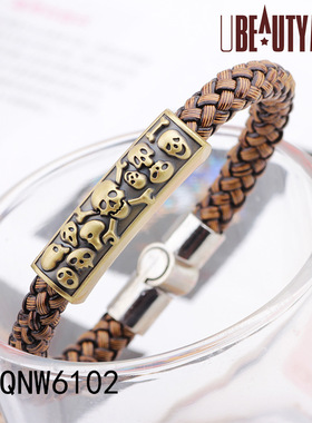 极速欧美男士手錬时o尚复古潮人个性手錬人工编织骷髅头皮绳手錬