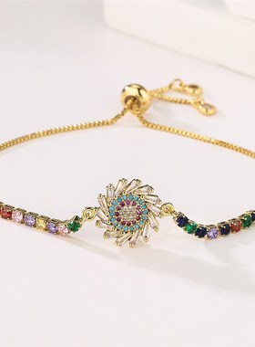 极速澳古 跨境新品 INS彩虹锆石饰物手錬女小Q众轻奢铜镀真金可调