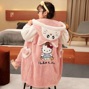 极速冬季款儿童睡衣女童法兰绒睡袍加厚女孩O珊瑚绒连帽卡通两件