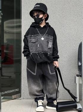 速发鹿城蛋蛋家童装冬季新款儿童韩版黑色拼牛仔工装风加绒卫衣