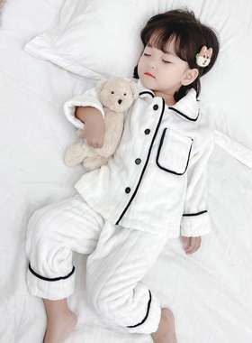 极速女童法兰绒睡衣白色套装秋冬季儿童I加绒家居服宝宝加厚珊瑚