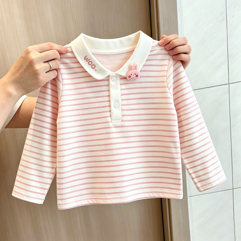 女童条纹polo长袖T恤春秋新款女宝宝兔子立体翻领儿童洋气上衣潮