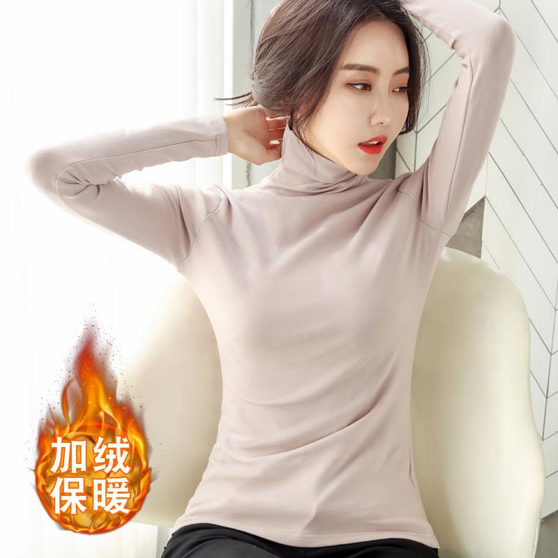 2025秋冬高领加绒打底衫女长袖纯色韩版女装保暖修身显瘦体恤女潮