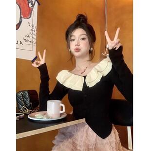 小香风法式 女秋冬独特毛衣别致内搭上衣 名媛荷叶边v领针织打底衫