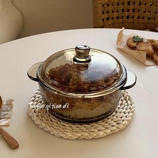 茶色玻璃碗双耳带盖煲耐高温家用大饭碗汤碗沙拉碗专用泡面碗纯色