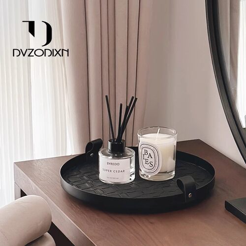 多尔顿轻奢黑色皮质旋转香薰托盘高级感客厅茶几玄关桌面装饰摆饰