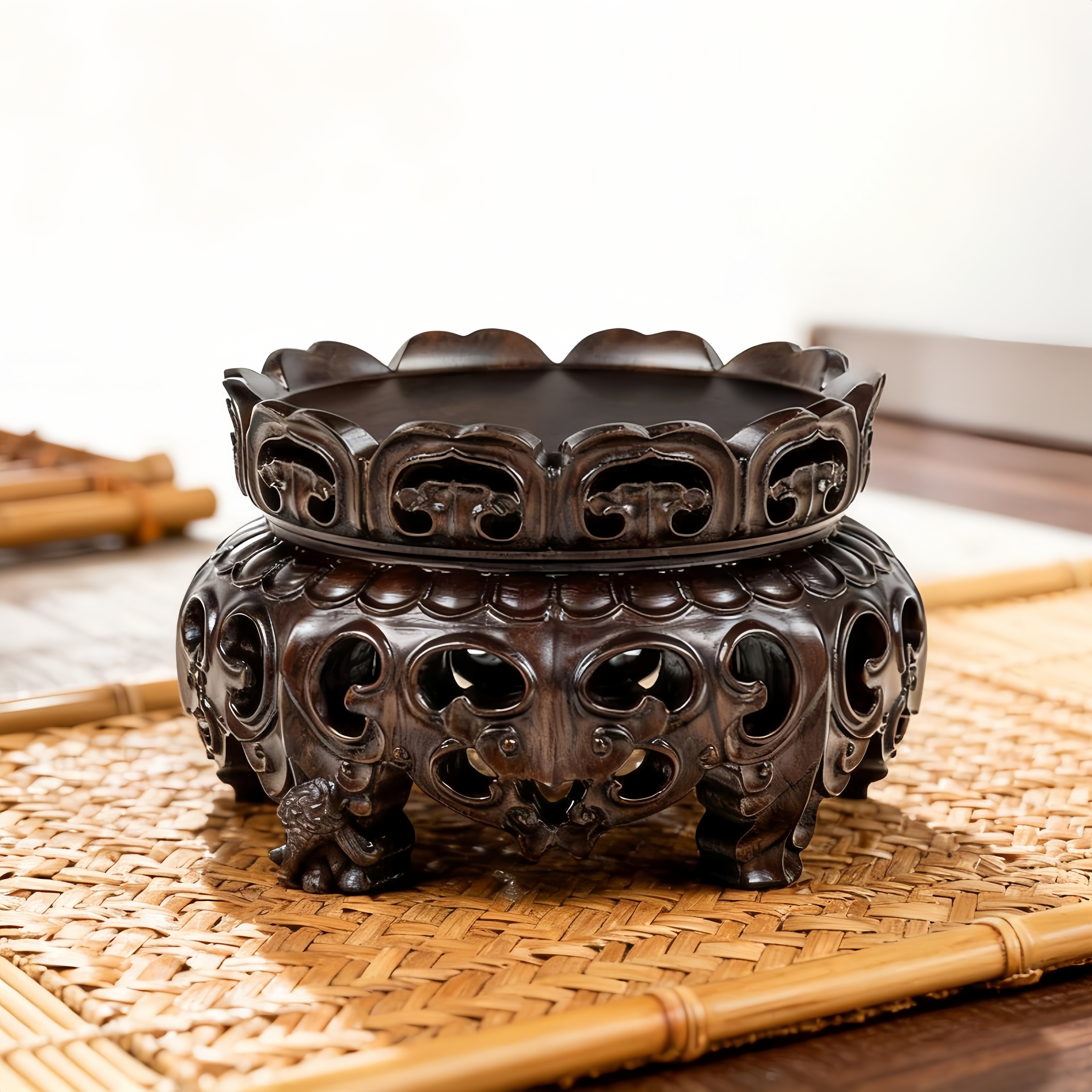 实木质黑檀整木镂空茶壶盆景香炉