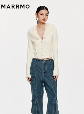 MARRMO/马髦 冬季新款时尚可拆卸獭兔毛领毛衣高级开衫上衣女
