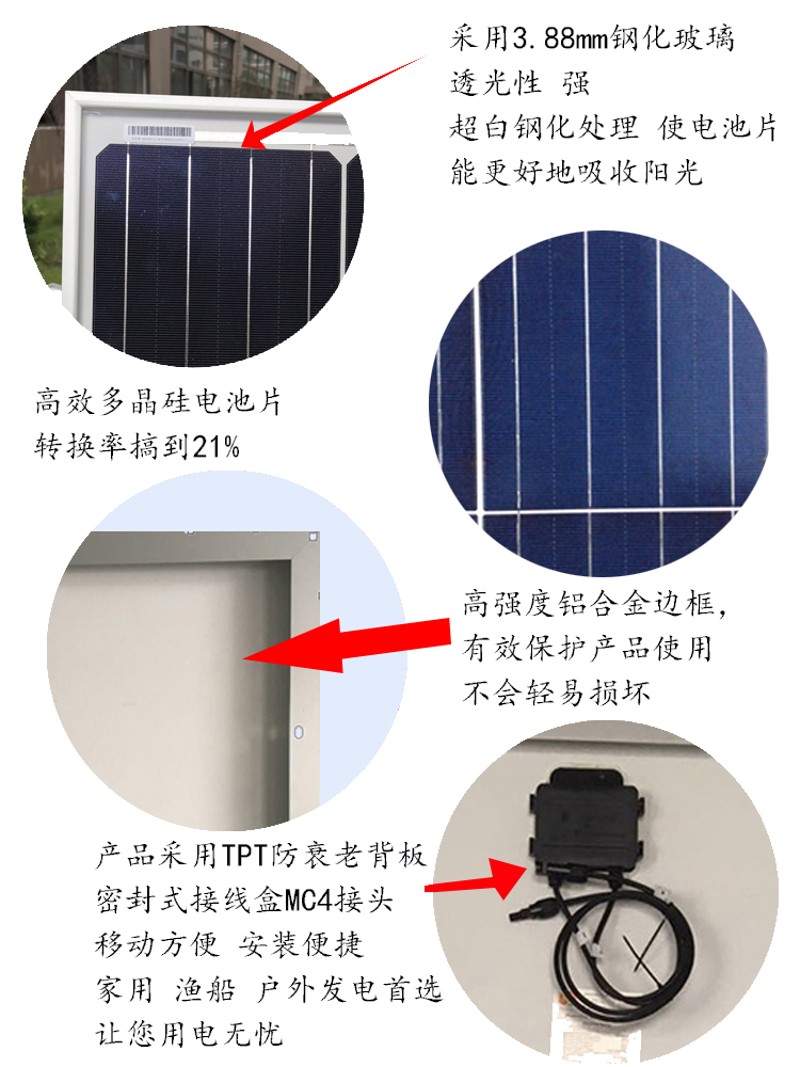 全新太阳能发电板300W350瓦多晶光伏板家用12v电池24V电瓶充手机
