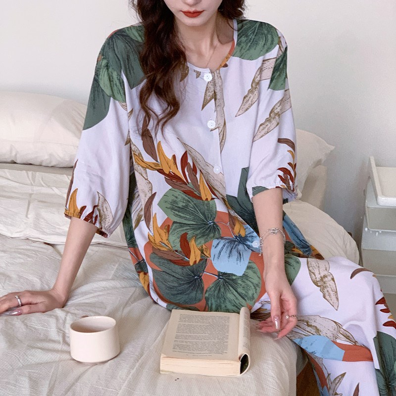 棉绸睡衣女春秋夏中袖短袖长裤绵绸妈妈家居服人造棉套装大码外穿