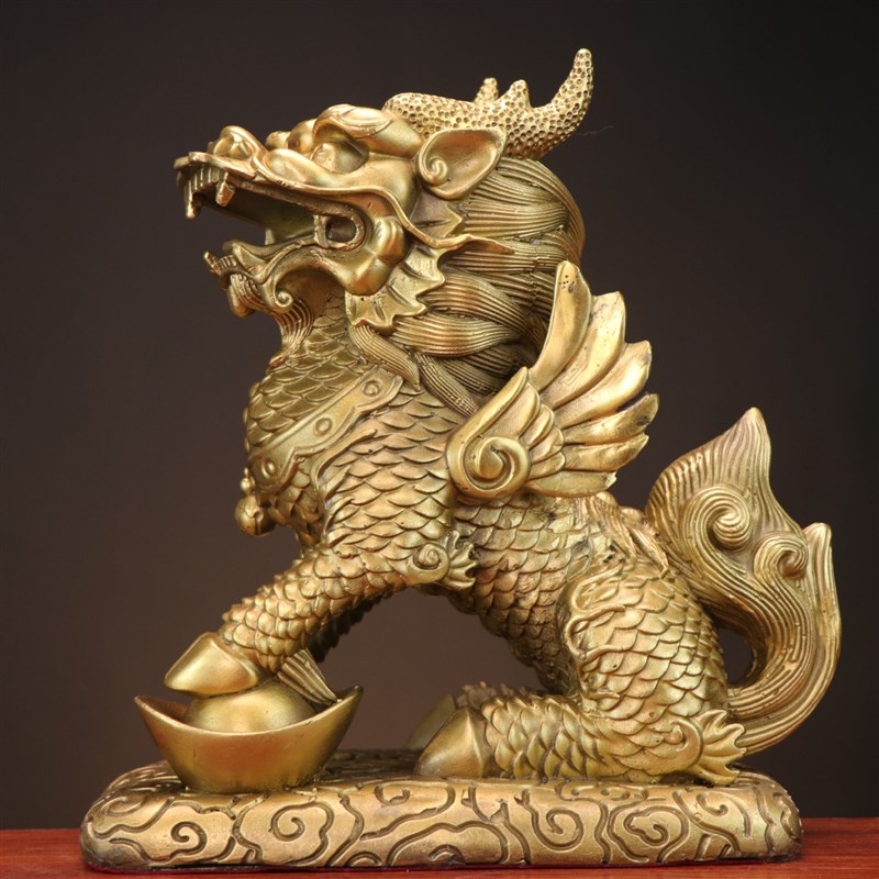 纯铜护宅入户八卦带翅膀的办公桌风水麒麟摆件公母一对化解大号