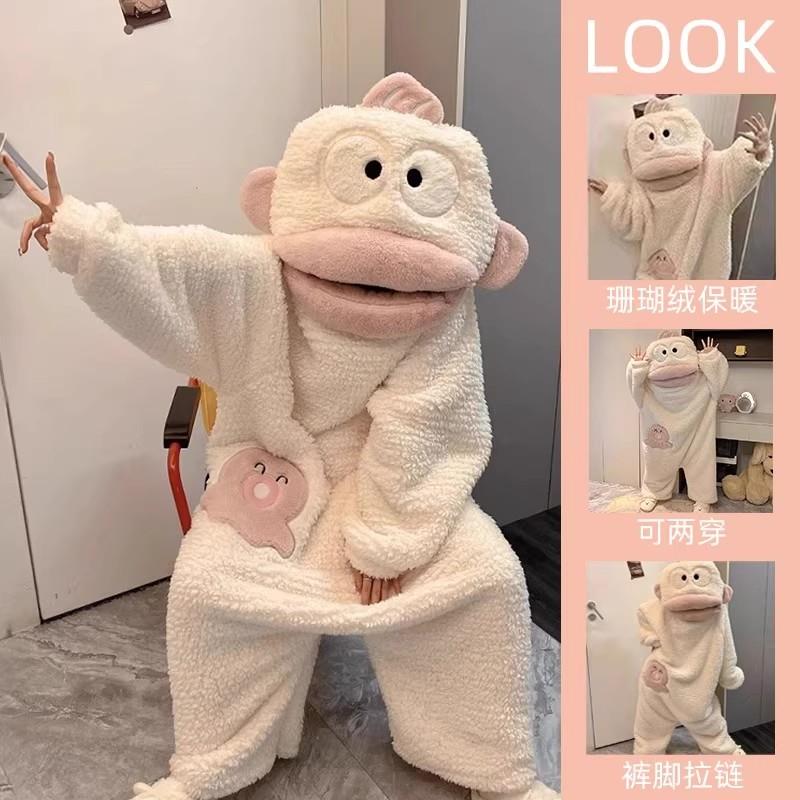 丑鱼汉顿睡袍珊瑚绒睡衣男女款亲子服秋冬季厚睡裙连帽连体家居服