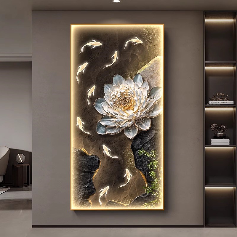 和气生财玄关装饰画轻奢九鱼图入户带灯壁画高档荷花走廊过道挂画