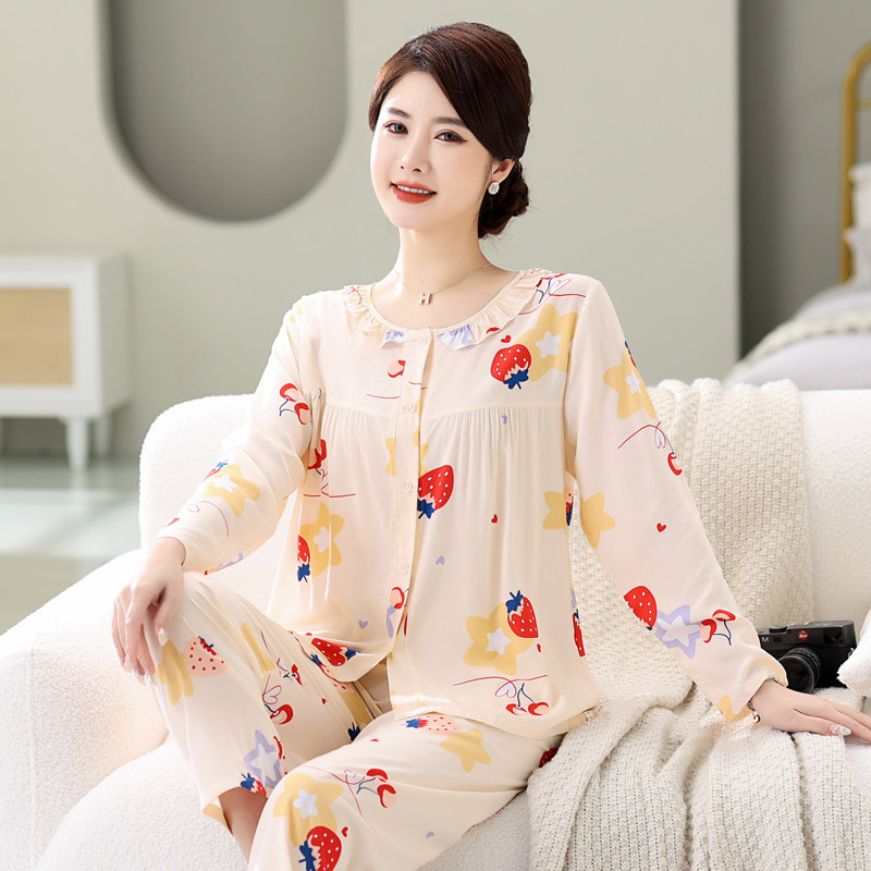 2023新款春夏棉绸睡衣女士长袖中老年人婆婆家居服绵绸套装人造棉