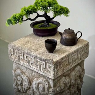 青石麒麟祥云柱石雕花台柱石花架盆景架茶室会所庭院仿古石柱摆件