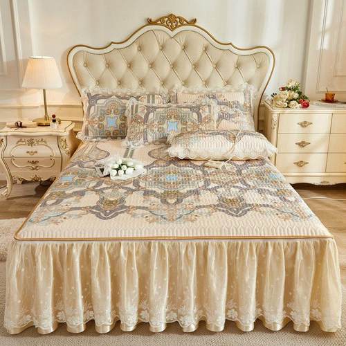 夏席子床裙冰丝席三件套夹棉加厚空调软席蕾丝可机洗脱卸床罩凉席