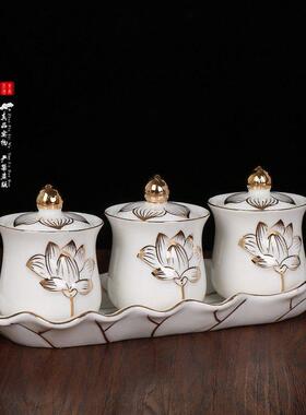 佛具莲花供佛杯大悲水佛堂陶瓷圣水杯佛前净水杯佛法僧三套杯