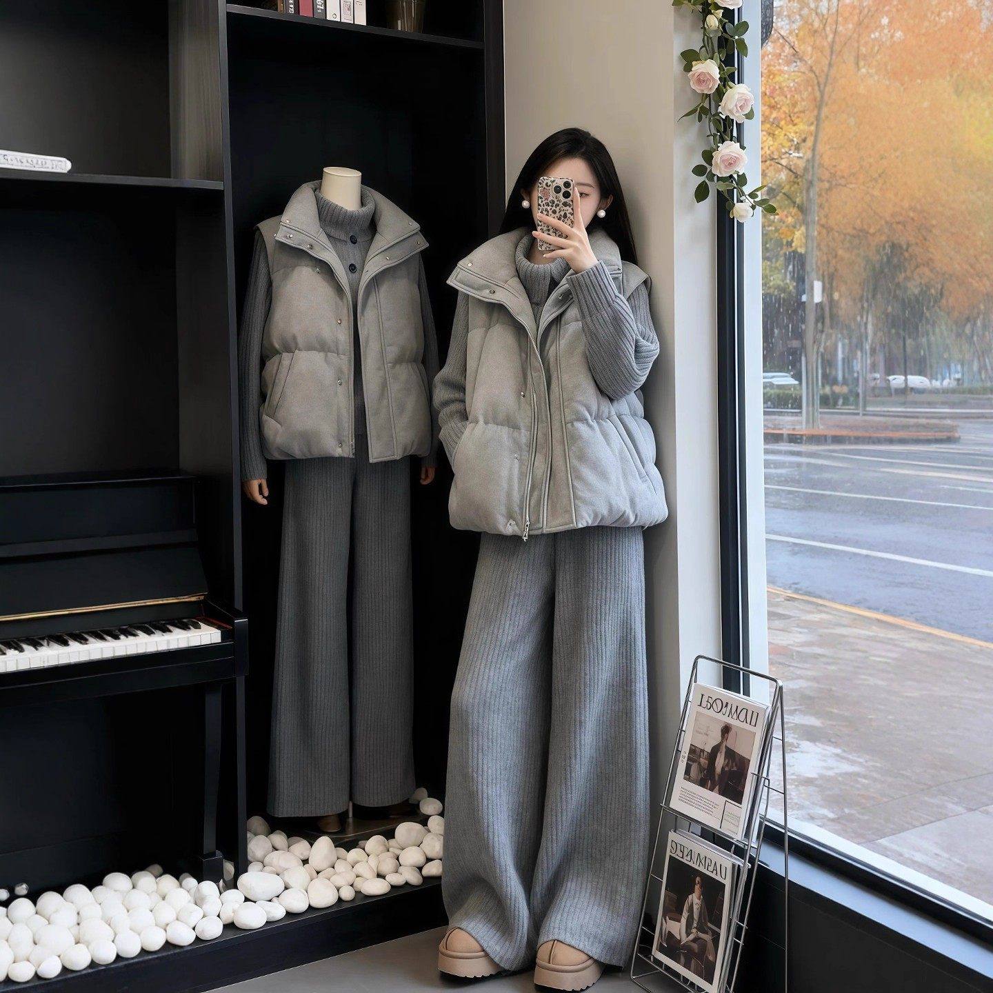 复古风灰色羽绒棉马甲女