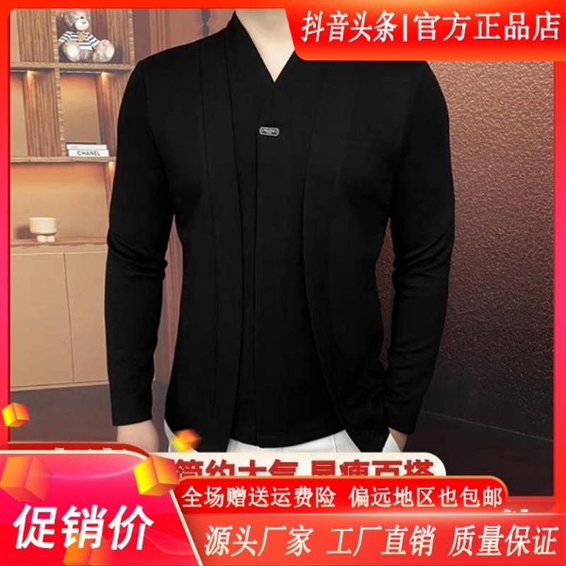 FZ轻奢服饰帅气有型2026新款V领假两件上衣高品质假两件黑色卫衣