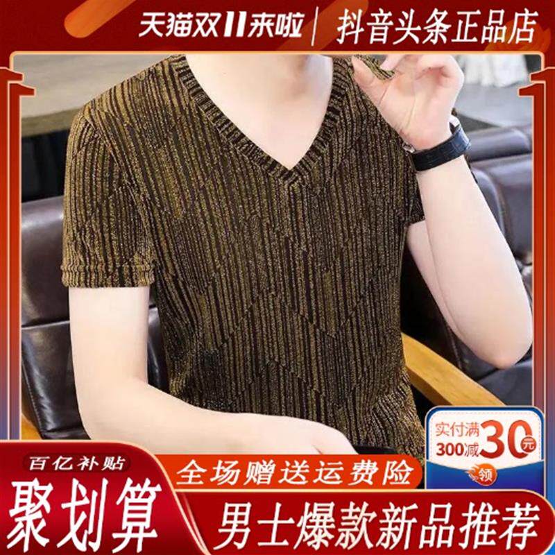 鹏然轻奢男装潮流轻奢夏短袖t恤V领冰丝薄款韩版修身网纱镂空亮丝