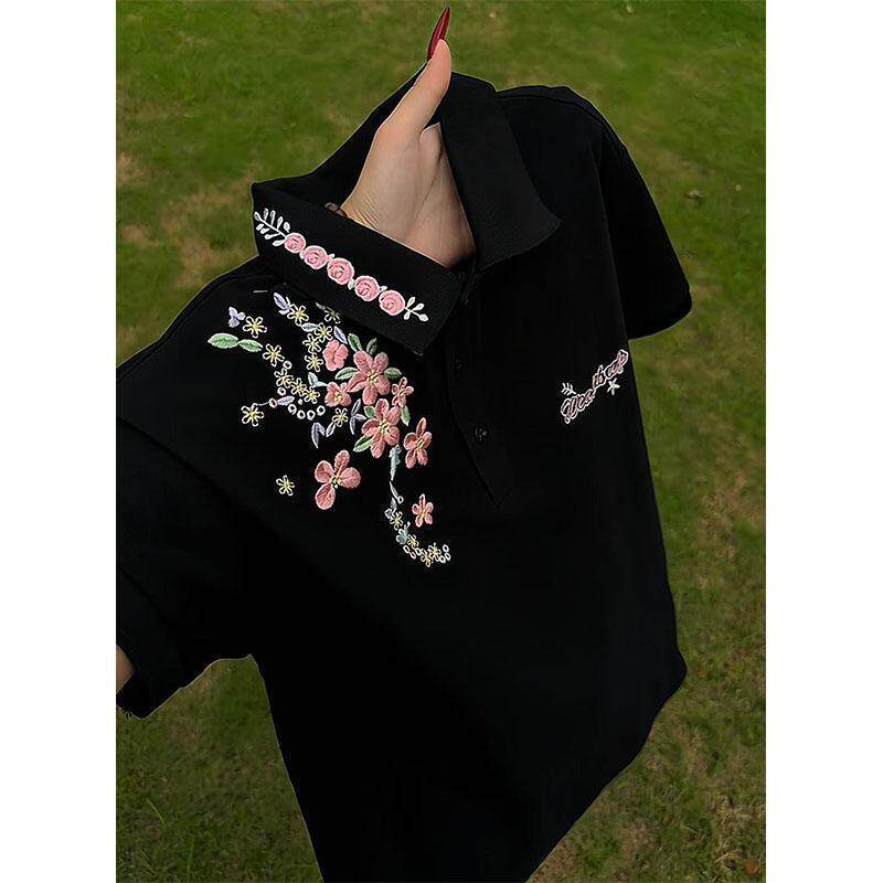 瑞恩轻奢服饰美式复古花卉刺绣polo衫短袖男款夏衬衫T恤正肩半袖