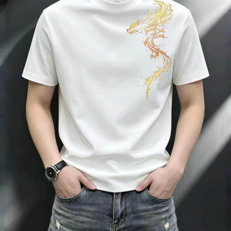 2豪悦服饰百货店弹性重磅T恤轻奢百搭男圆领短袖透气大码印花上衣