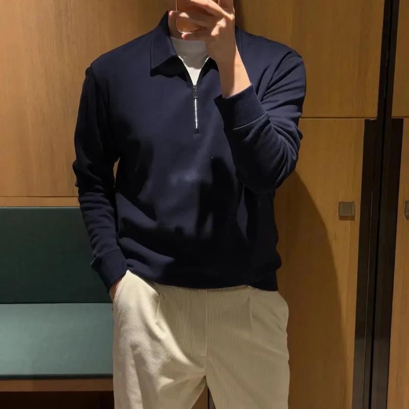 龙腾欧货2025秋冬新款百搭休闲复L古哈苏线锁边半拉链POLO衫男