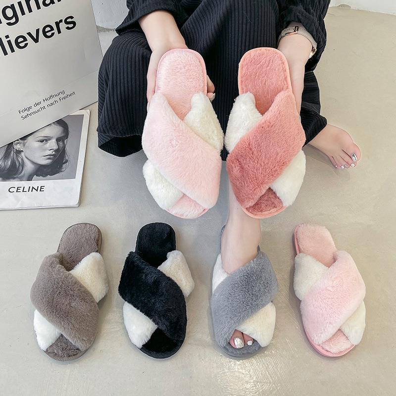 拼色交叉帮毛毛拖鞋女秋冬跨境亚马逊大码居家木地板露趾保暖棉拖