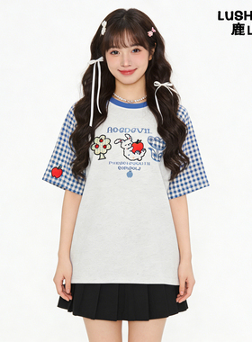 鹿山野 严选纯棉慵懒风插肩袖短袖t恤女字母刺绣拼接oversize上衣