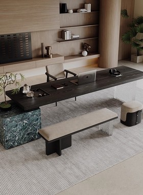 现代简约实木茶桌黑色白蜡木大板桌宋氏美学茶台办公桌一体工作台