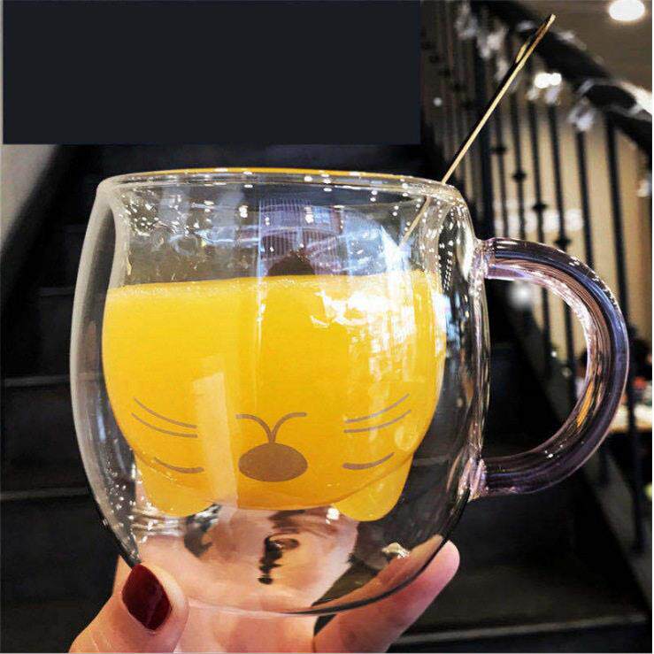 可爱卡通双层隔热玻璃杯学生情侣水杯咖啡杯早餐杯猫爪杯玻璃杯