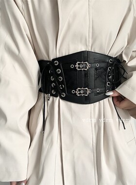 欧美复古黑色蕾丝绑带皮腰封女士装饰时尚外穿松紧束腰大码宽腰带