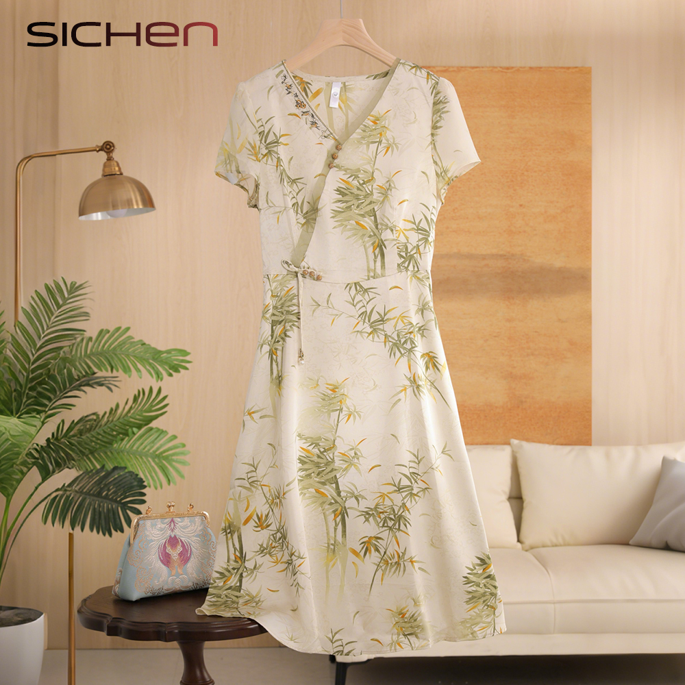 妈妈夏装新中式洋气花色连衣裙