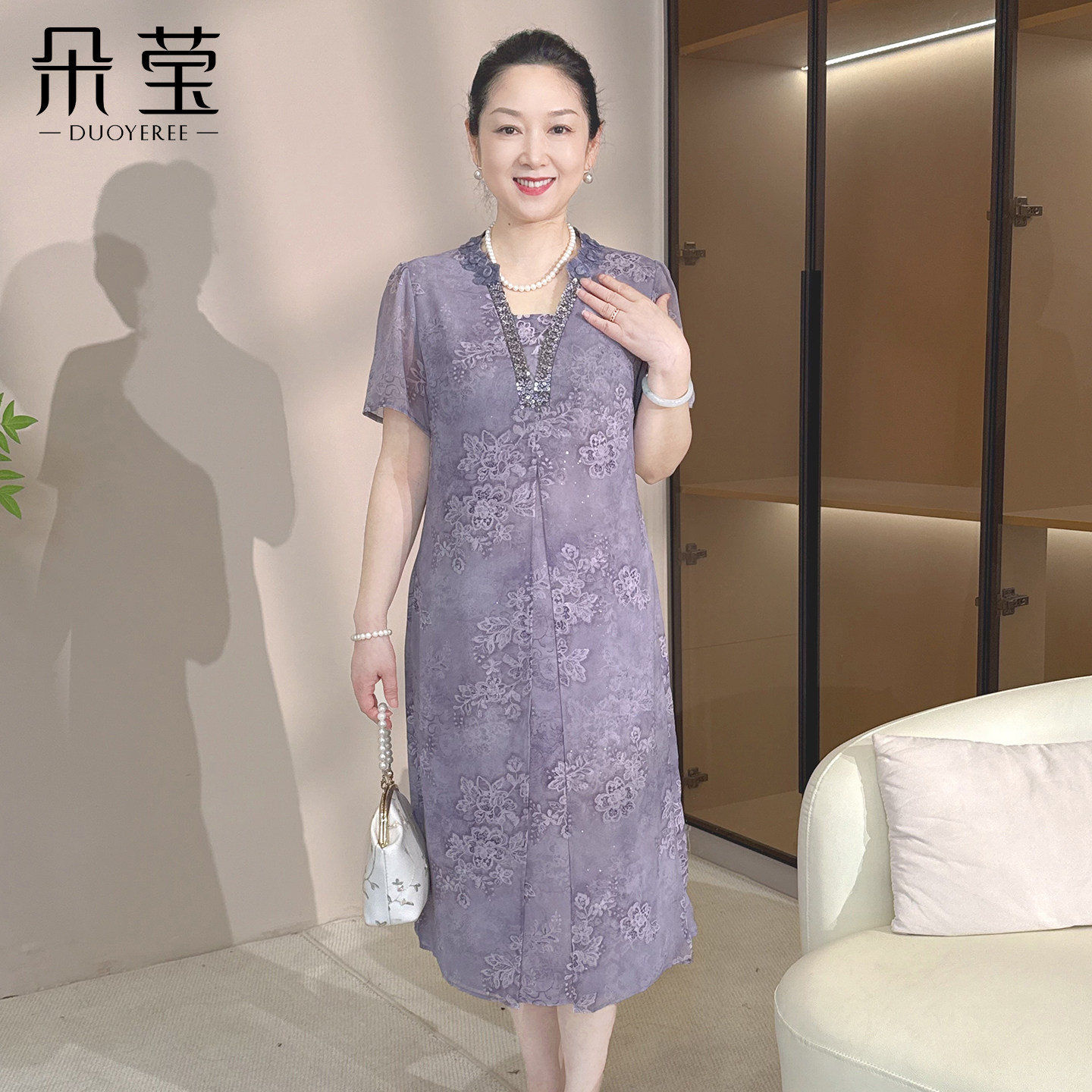 妈妈夏装短袖连衣裙中老年女装
